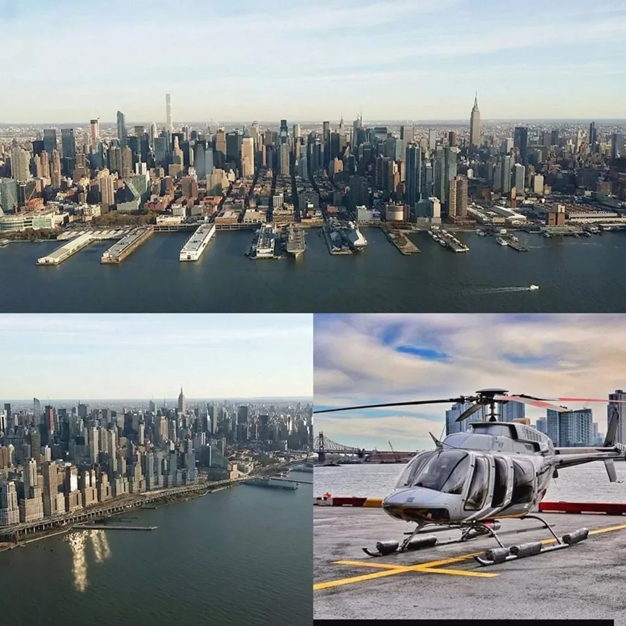 Collage of Manhattan aerial views and a helicopter at the heliport