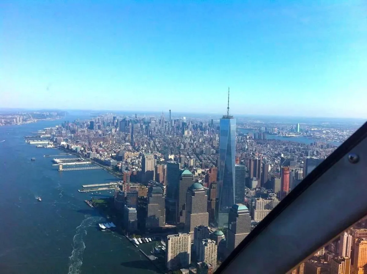 Manhattan skyline viewed from a helicopter window