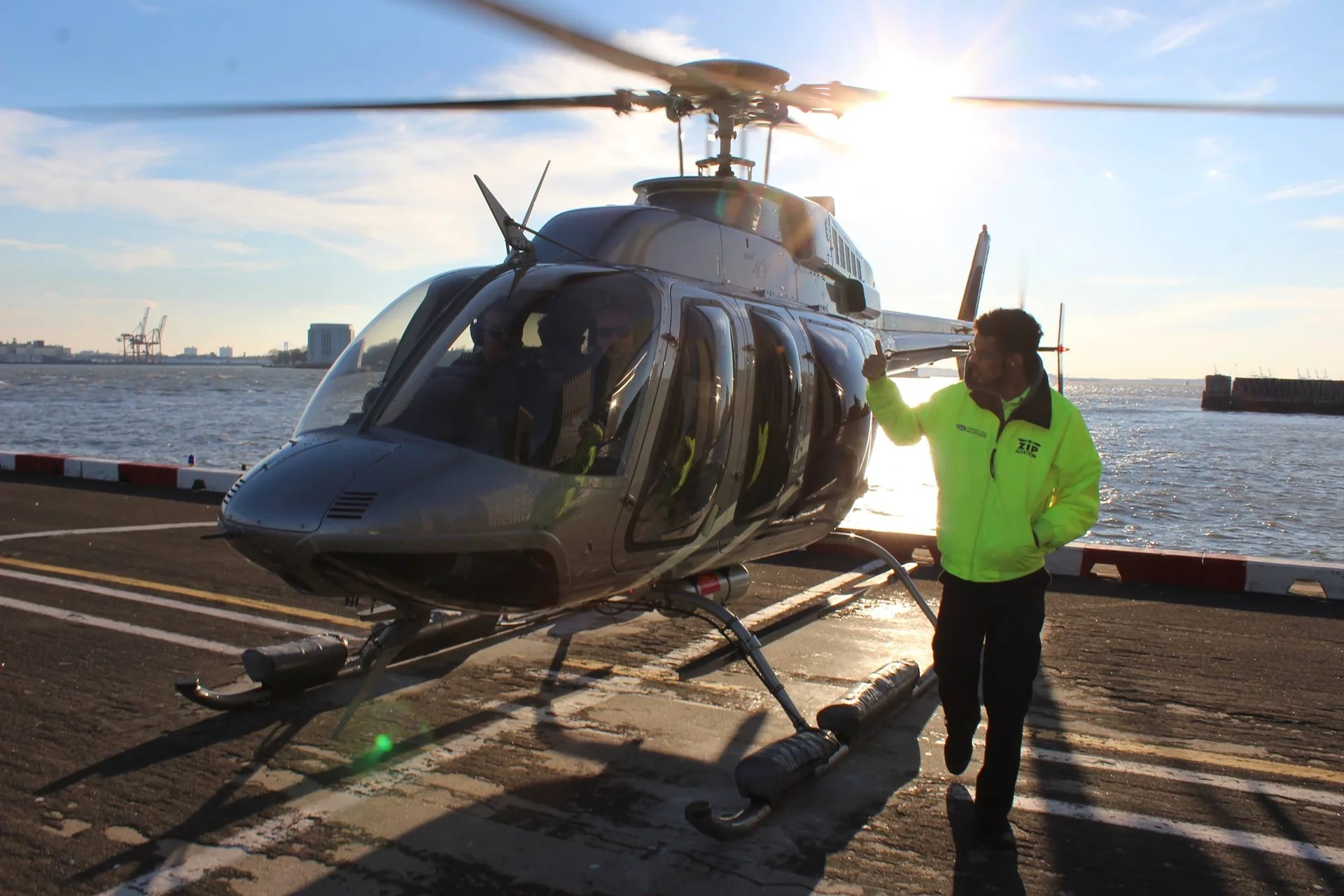 Helicopter at a New York waterfront heliport