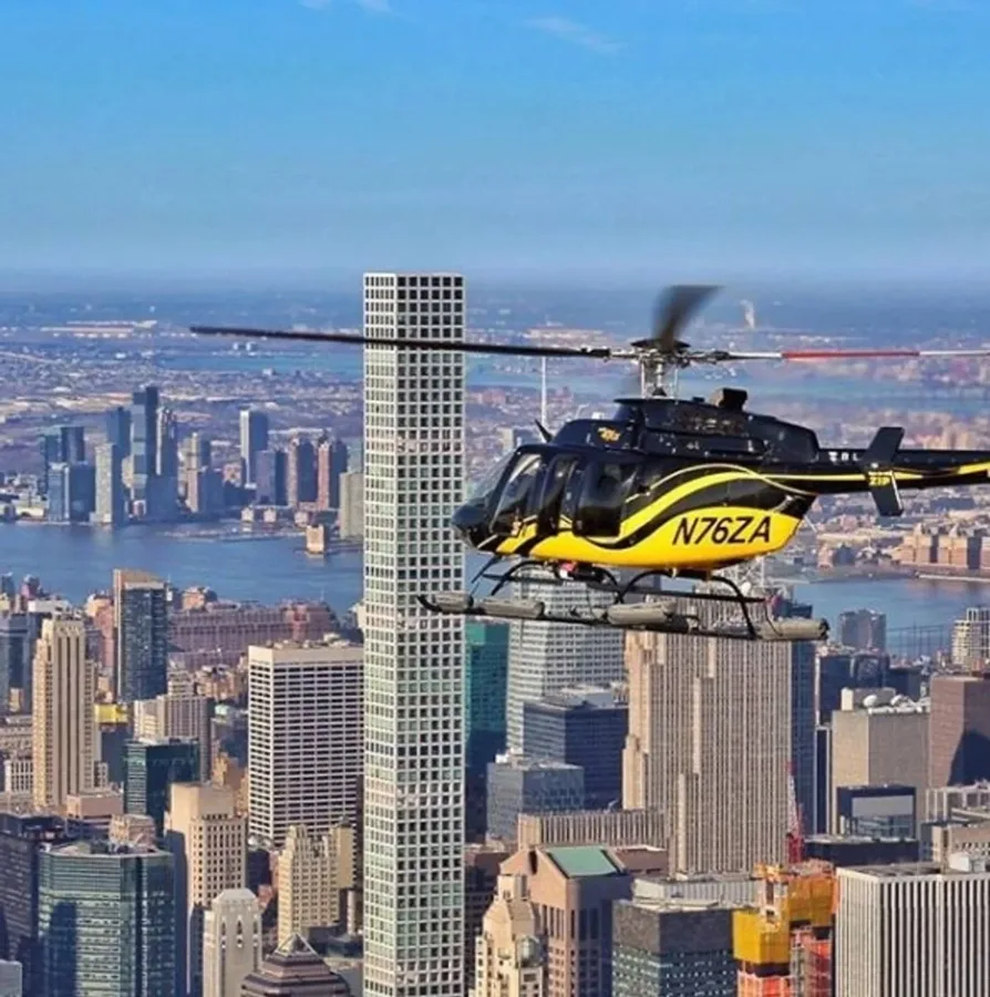 Helicopter flying above the Manhattan skyline
