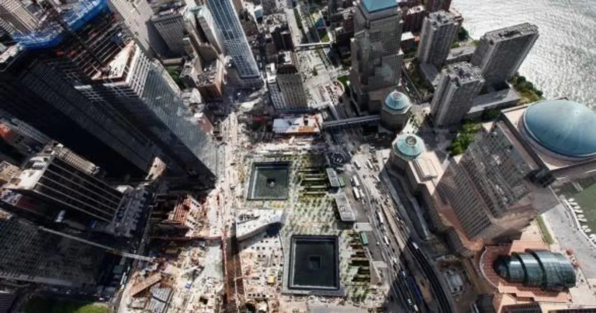 Lower Manhattan streets and rooftops from above